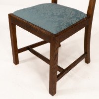Heals. Set of 4 Arts & Crafts Oak Lattice Back Dining Chairs & Blue Damask Seats - Thumbnail 15