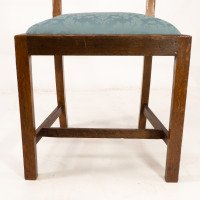 Heals. Set of 4 Arts & Crafts Oak Lattice Back Dining Chairs & Blue Damask Seats - Thumbnail 14