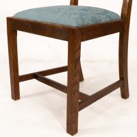 Heals. Set of 4 Arts & Crafts Oak Lattice Back Dining Chairs & Blue Damask Seats - Thumbnail 16