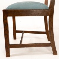 Heals. Set of 4 Arts & Crafts Oak Lattice Back Dining Chairs & Blue Damask Seats - Thumbnail 17