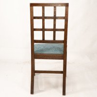 Heals. Set of 4 Arts & Crafts Oak Lattice Back Dining Chairs & Blue Damask Seats - Thumbnail 18