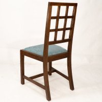 Heals. Set of 4 Arts & Crafts Oak Lattice Back Dining Chairs & Blue Damask Seats - Thumbnail 19
