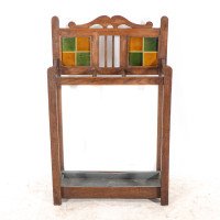 Arts and Crafts Oak Umbrella and Stick Stand with Green and Mustard Tiles c.1910 - Thumbnail 2