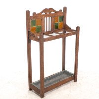 Arts and Crafts Oak Umbrella and Stick Stand with Green and Mustard Tiles c.1910