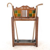 Arts and Crafts Oak Umbrella and Stick Stand with Green and Mustard Tiles c.1910 - Thumbnail 3