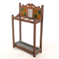 Arts and Crafts Oak Umbrella and Stick Stand with Green and Mustard Tiles c.1910 - Thumbnail 4