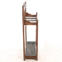 Arts and Crafts Oak Umbrella and Stick Stand with Green and Mustard Tiles c.1910 - Thumbnail 5