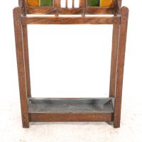 Arts and Crafts Oak Umbrella and Stick Stand with Green and Mustard Tiles c.1910 - Thumbnail 11