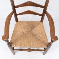 C R Ashbee attr. An Arts & Crafts oak ladder back armchair with re-rushed seat - Thumbnail 9