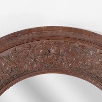 Arts and Crafts c.1900 Walnut Circular Mirror with Stylised Floral Carved Decoration - Thumbnail 4