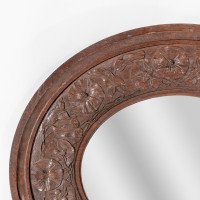 Arts and Crafts c.1900 Walnut Circular Mirror with Stylised Floral Carved Decoration - Thumbnail 3