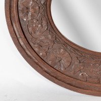 Arts and Crafts c.1900 Walnut Circular Mirror with Stylised Floral Carved Decoration - Thumbnail 8