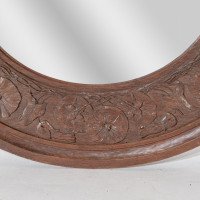 Arts and Crafts c.1900 Walnut Circular Mirror with Stylised Floral Carved Decoration - Thumbnail 7