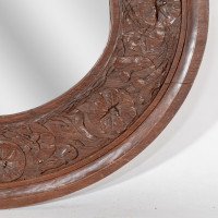 Arts and Crafts c.1900 Walnut Circular Mirror with Stylised Floral Carved Decoration - Thumbnail 6