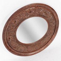 Arts and Crafts c.1900 Walnut Circular Mirror with Stylised Floral Carved Decoration - Thumbnail 2