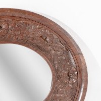 Arts and Crafts c.1900 Walnut Circular Mirror with Stylised Floral Carved Decoration - Thumbnail 5