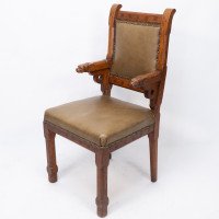 John Pollard Seddon a Rare Gothic Oak Armchair with Carved Dog Heads to the Arms - Thumbnail 3