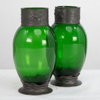 Osiris Pewter Pair of Art Nouveau Green Glass Vases with Frog Decor - Thumbnail 3