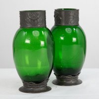 Osiris Pewter Pair of Art Nouveau Green Glass Vases with Frog Decor - Thumbnail 5