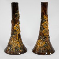 Longpark Pottery Torquay. A Pair of Rustic Ceramic Vases with Applied Floral Decoration - Thumbnail 2