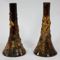 Longpark Pottery Torquay. A Pair of Rustic Ceramic Vases with Applied Floral Decoration - Thumbnail 3