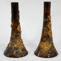 Longpark Pottery Torquay. A Pair of Rustic Ceramic Vases with Applied Floral Decoration - Thumbnail 6