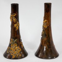 Longpark Pottery Torquay. A Pair of Rustic Ceramic Vases with Applied Floral Decoration - Thumbnail 5