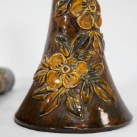 Longpark Pottery Torquay. A Pair of Rustic Ceramic Vases with Applied Floral Decoration - Thumbnail 13