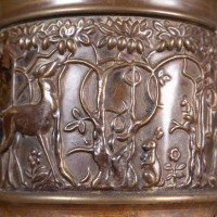 An unusual Arts and Crafts style copper vase decorated with woodland scene - Thumbnail 8