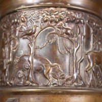 An unusual Arts and Crafts style copper vase decorated with woodland scene - Thumbnail 10