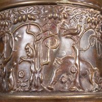 An unusual Arts and Crafts style copper vase decorated with woodland scene - Thumbnail 9