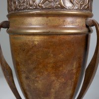 An unusual Arts and Crafts style copper vase decorated with woodland scene - Thumbnail 11