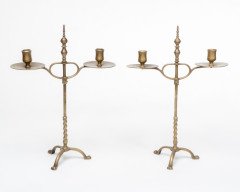 A Pair of Arts & Crafts Brass Twin Branch Candelabras with Adjustable Height - Thumbnail 2