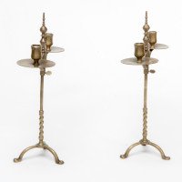 A Pair of Arts & Crafts Brass Twin Branch Candelabras with Adjustable Height - Thumbnail 3