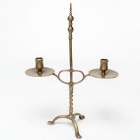 A Pair of Arts & Crafts Brass Twin Branch Candelabras with Adjustable Height - Thumbnail 8