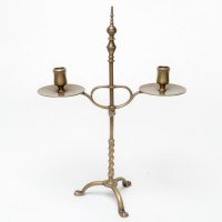 A Pair of Arts & Crafts Brass Twin Branch Candelabras with Adjustable Height - Thumbnail 9