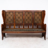 Baillie Scott Style Of. Arts & Crafts Glasgow School Oak Settle with Original Fabric - Thumbnail 2