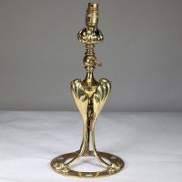 Arts and Crafts brass lamp with floral stem and heart pierced base c.1900 - Thumbnail 2