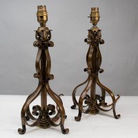 Pair of Arts and Crafts Brass Table Lamps with Leaf Collars c.1910 - Thumbnail 2