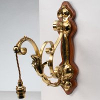 Arts and Crafts, c.1905 Set of Three Brass Wall Lights with Walnut Backplates - Thumbnail 2