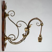 Arts and Crafts, c.1905 Set of Three Brass Wall Lights with Walnut Backplates - Thumbnail 5
