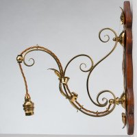 Arts and Crafts, c.1905 Set of Three Brass Wall Lights with Walnut Backplates - Thumbnail 8