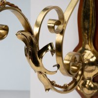 Arts and Crafts, c.1905 Set of Three Brass Wall Lights with Walnut Backplates - Thumbnail 9