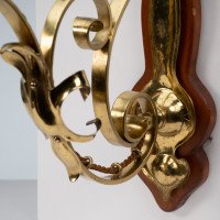 Arts and Crafts, c.1905 Set of Three Brass Wall Lights with Walnut Backplates - Thumbnail 12