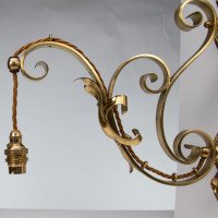 Arts and Crafts, c.1905 Set of Three Brass Wall Lights with Walnut Backplates - Thumbnail 14