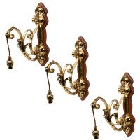 Arts and Crafts, c.1905 Set of Three Brass Wall Lights with Walnut Backplates
