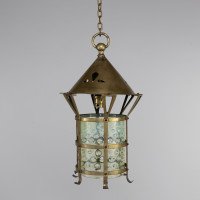 An Arts & Crafts Brass Lantern with the Original Vaseline Shade - Thumbnail 2