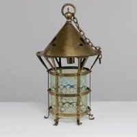 An Arts & Crafts Brass Lantern with the Original Vaseline Shade - Thumbnail 3