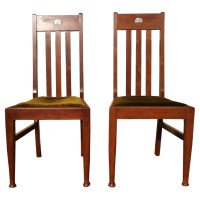 Liberty & Co., Pair of English Arts & Crafts Walnut Chairs with Stylized M Op Inlay - Thumbnail 1