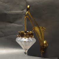 WAS Benson. Rare pair of brass wall lights with the original Powell flint shades - Thumbnail 4